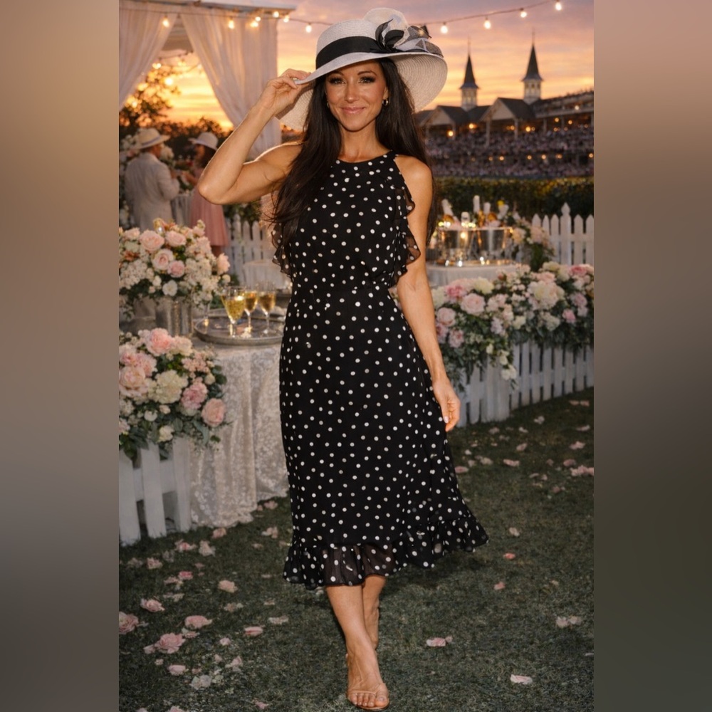 Elle Black & White Polka Dot Midi Dress | Kentucky Derby Style | Size Medium